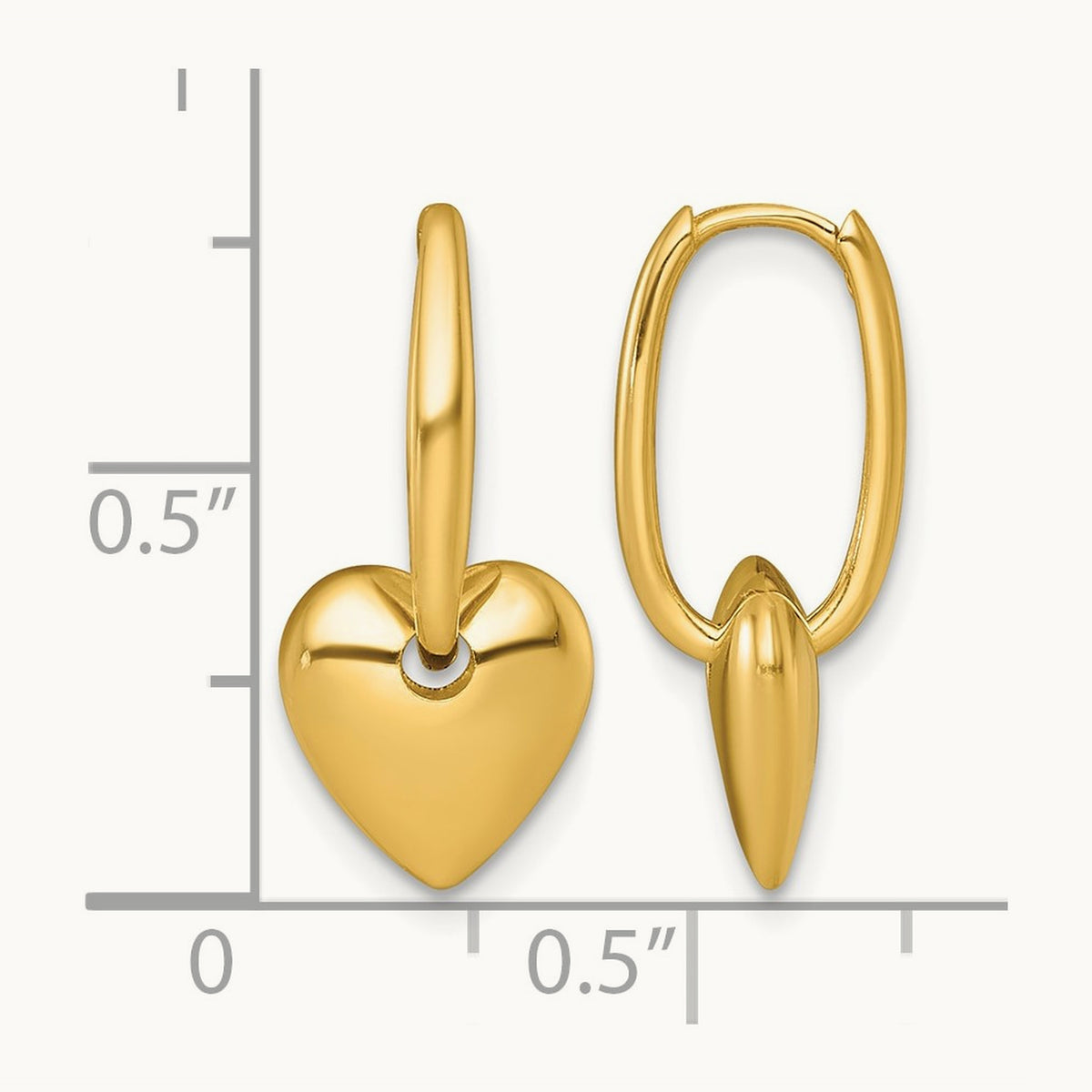 Polished Dangle Heart Hinged Hoop Earrings — 14K Yellow Gold