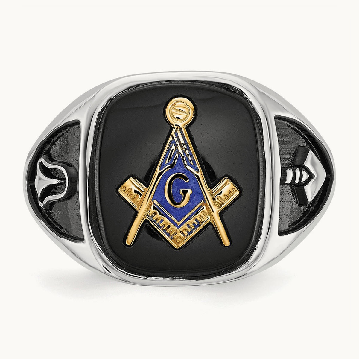 & Gold-plated Men's Textured w/ Black Enamel & Onyx Masonic Ring, 14K White Gold