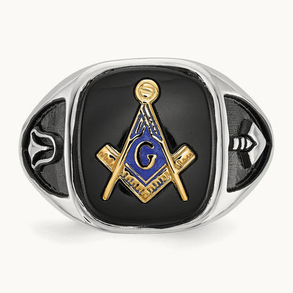 & Gold-plated Men's Textured w/ Black Enamel & Onyx Masonic Ring, 14K White Gold