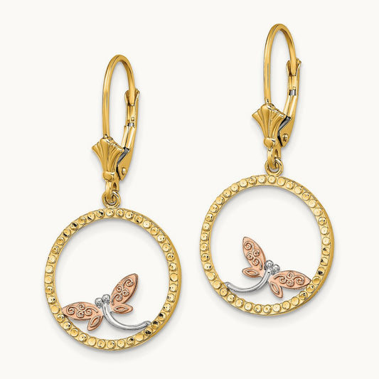 Two-Tonew/White Rhodium D/C Dragonfly Earrings, 14K