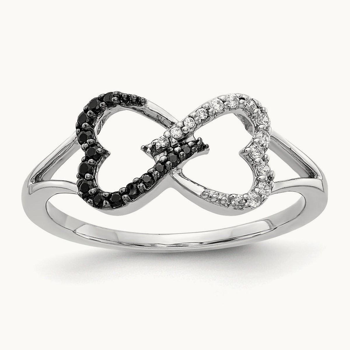 Black and White Diamond Infinity Heart Ring, 14K White Gold