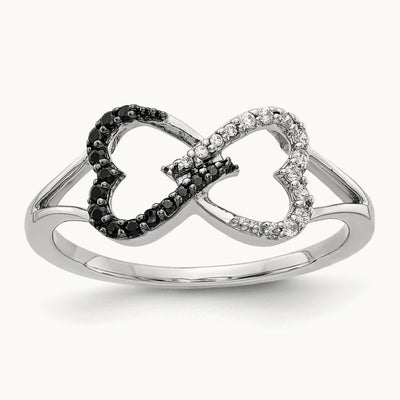 Black and White Diamond Infinity Heart Ring, 14K White Gold