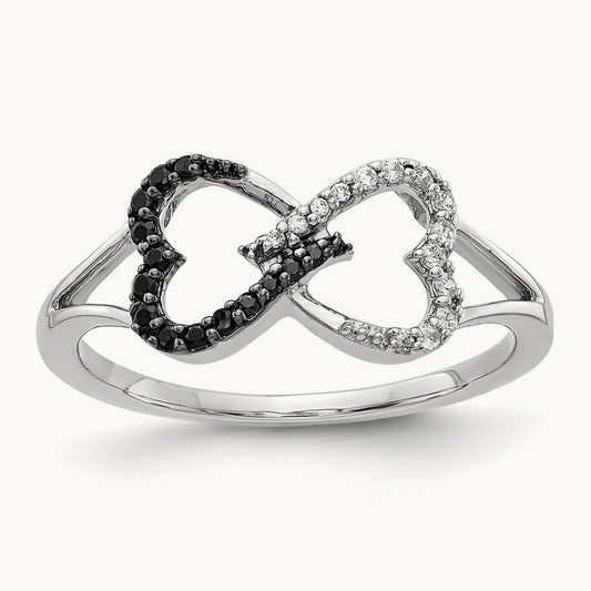 Black and White Diamond Infinity Heart Ring, 14K White Gold