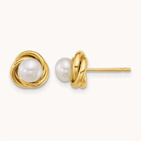 4- Button White Freshwater Cultured Pearl Post Earrings, 5mm, 14K