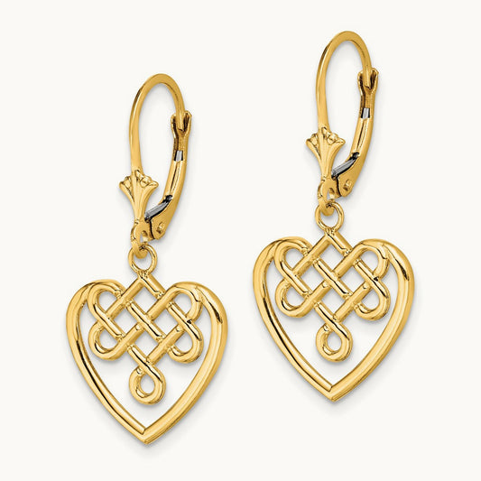 Celtic Knot Heart Leverback Earrings, 14K