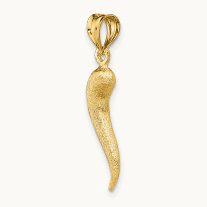 Brushed 3D Italian Horn Pendant — 14K Yellow Gold