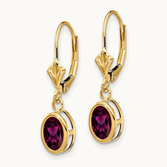 7x5mm Oval Rhodolite Garnet Leverback Earrings, 14K