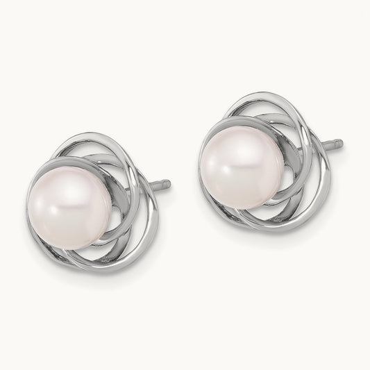 6- Round White Akoya Pearl Post Earrings, 7mm, 14K White Gold