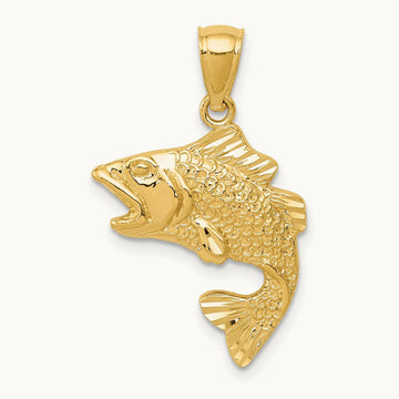 Polished Textured Bass Pendant — 14K Yellow Gold