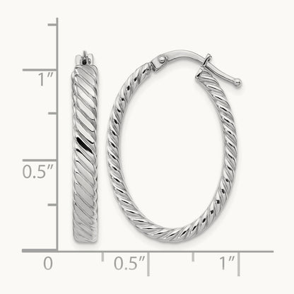 Large Patterned Oval Hoop Earrings, 3mm, 14K White Gold