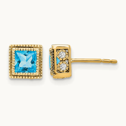 Square Blue Topaz and Diamond Earrings, 14K