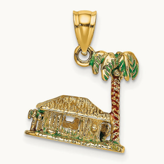 3-D W/Enamel Palm Tree and Hut Charm, 14K