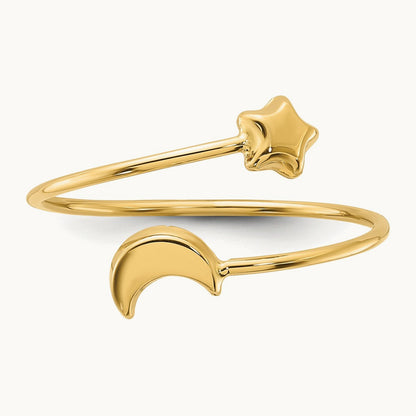 Polished Adjustable Moon and Star Ring, 14K