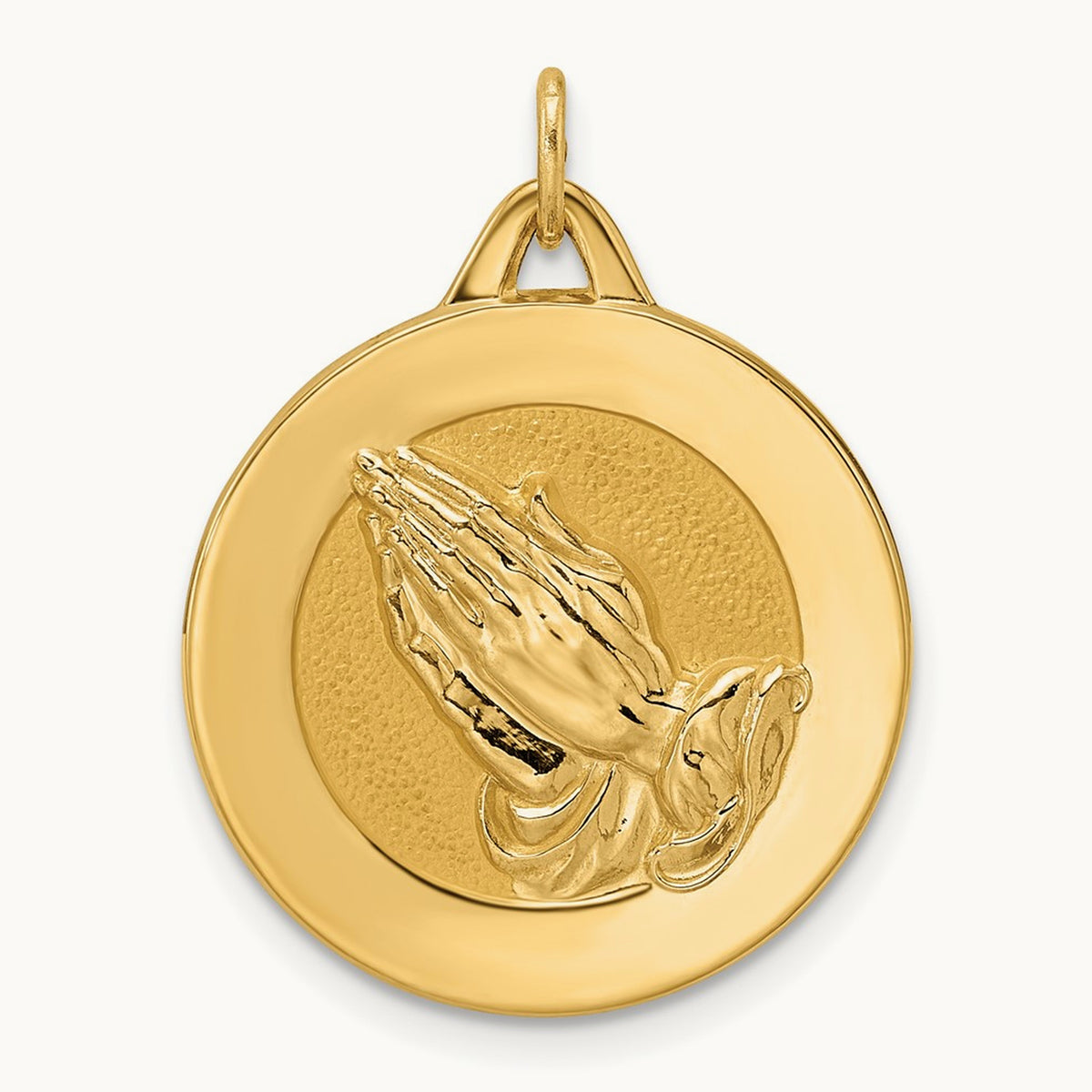 Polished and Satin Solid Praying Hands Disc Pendant — 26mm