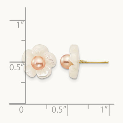 3- Pink FW Cultured Pearl w/10mm MOP Flower Post Earrings, 4mm, 14K