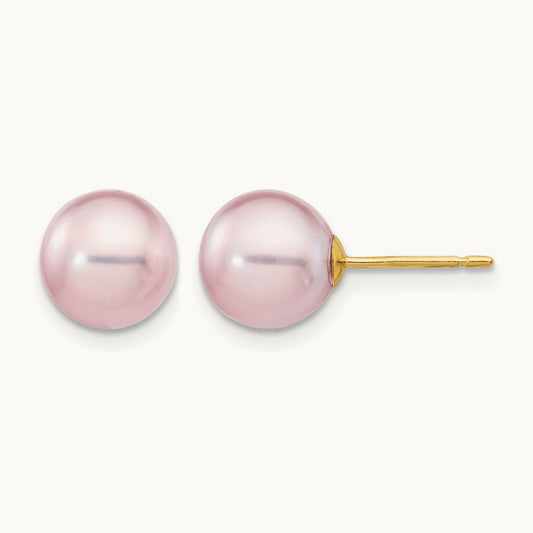 8- Purple Round Freshwater Cultured Pearl Stud Post Earrings, 9mm, 14K