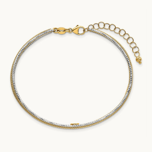 Textured Woven Flexible w/1.25 inch ext Bangle Bracelet, 14K Two-tone
