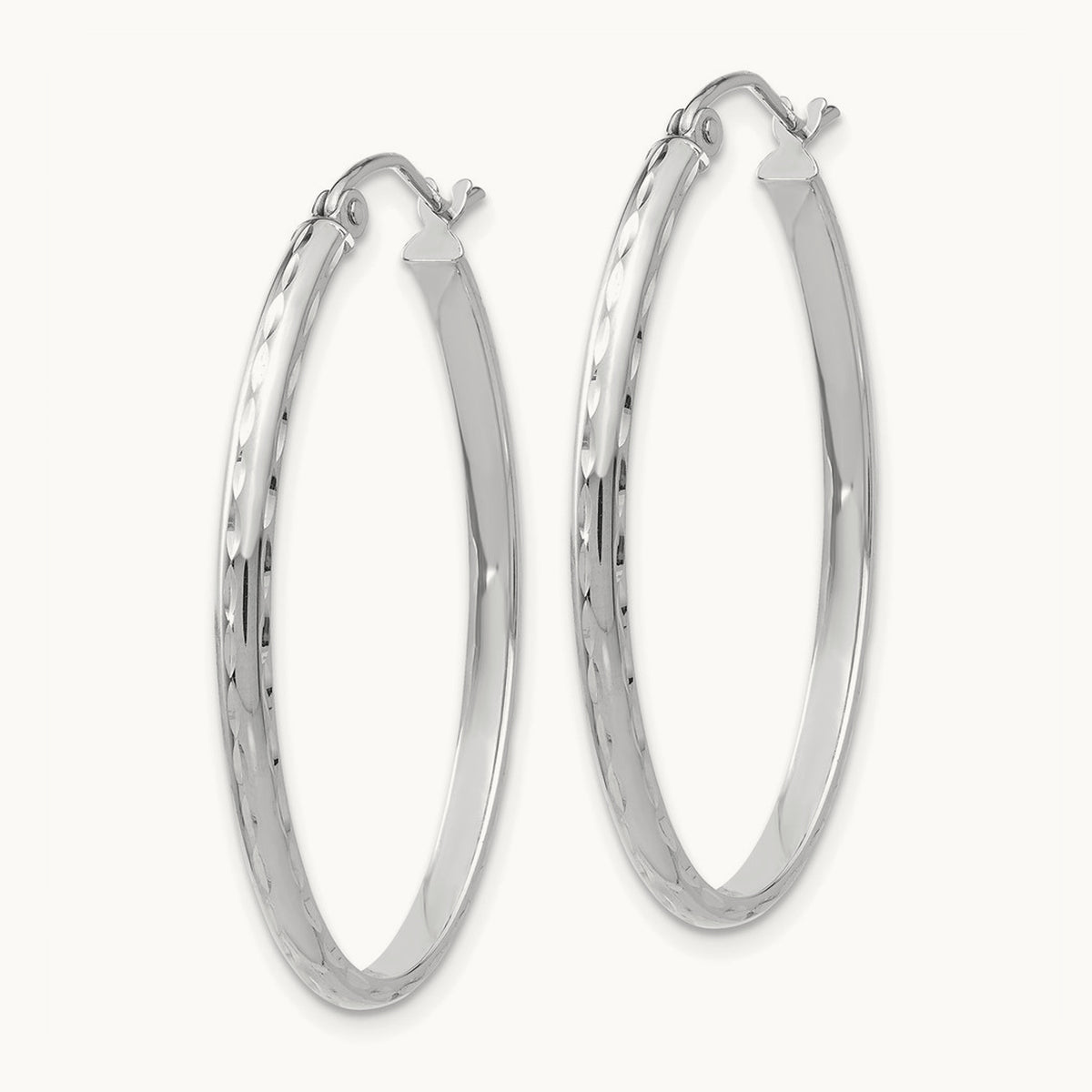 Lightweight Diamond-cut Oval Hoop Earrings — 14K White Gold, 25.5mm
