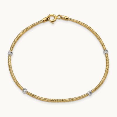 Woven Flexible D/C Beads Bracelet, 14K with Rhodium