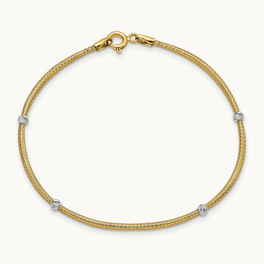 Woven Flexible D/C Beads Bracelet, 14K with Rhodium