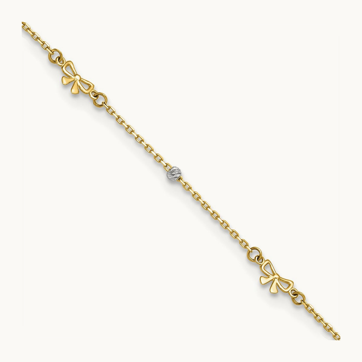 Polished 9in Plus 1in ext. D/C Bead and Bows Anklet, 14K Two-tone