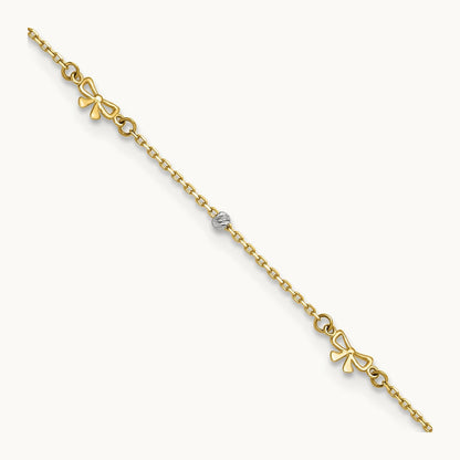 Polished 9in Plus 1in ext. D/C Bead and Bows Anklet, 14K Two-tone