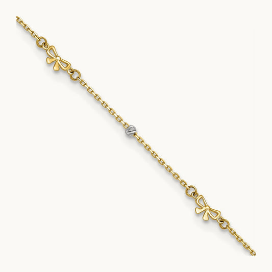 Polished 9in Plus 1in ext. D/C Bead and Bows Anklet, 14K Two-tone