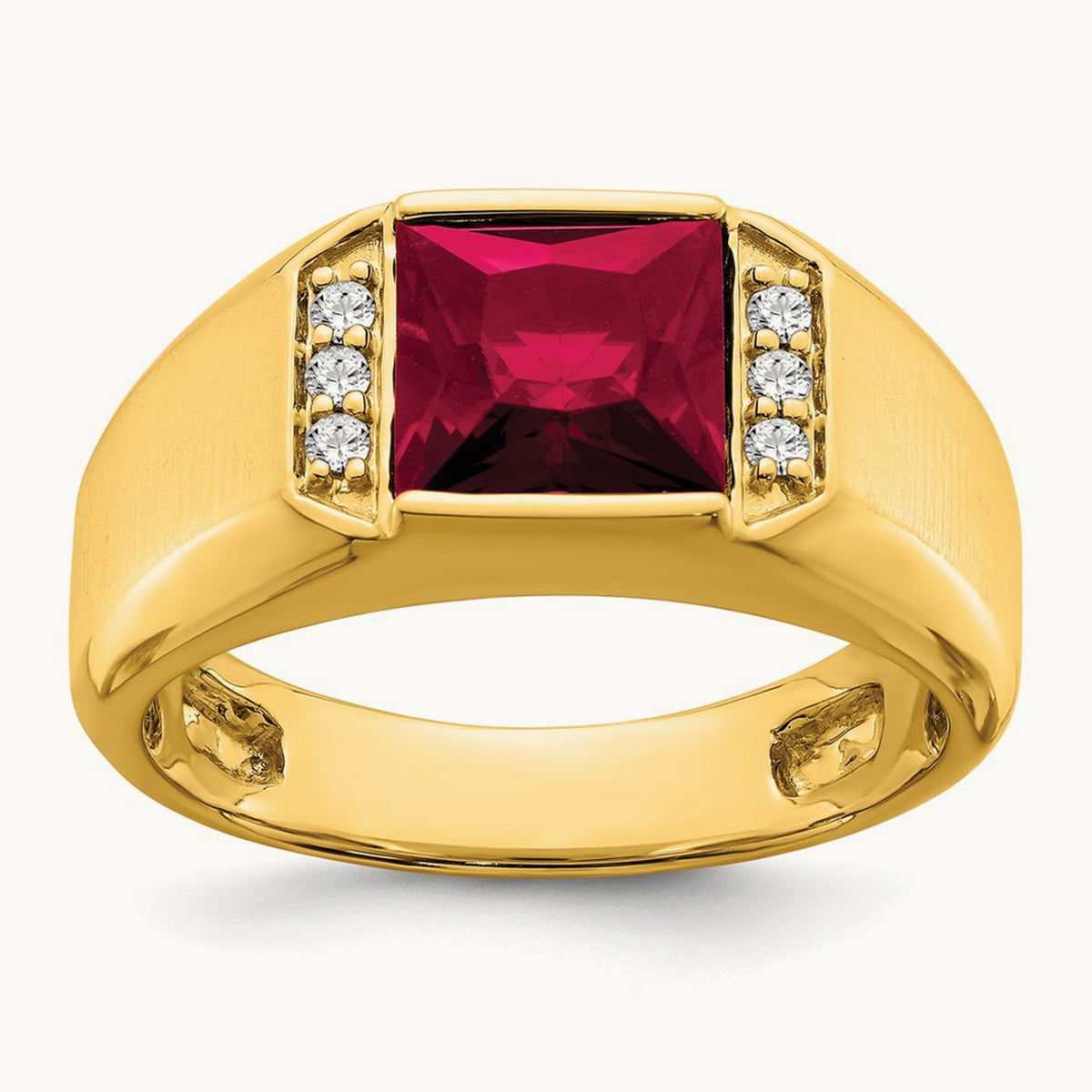 Square Created Ruby and Diamond Mens Ring, 14K