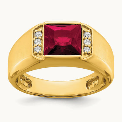 Square Created Ruby and Diamond Mens Ring, 14K
