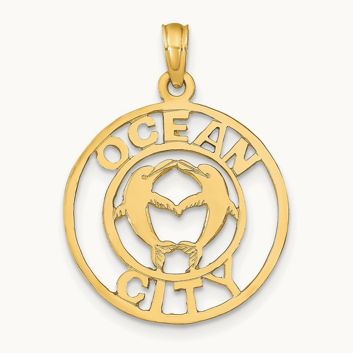 OCEAN CITY w/Dolphins Pendant, 14K