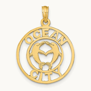 OCEAN CITY w/Dolphins Pendant, 14K