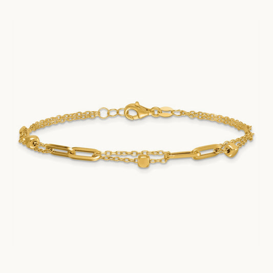 Polished and Beaded 2-Strand Fancy Link 7.5 Inch Bracelet, 14K