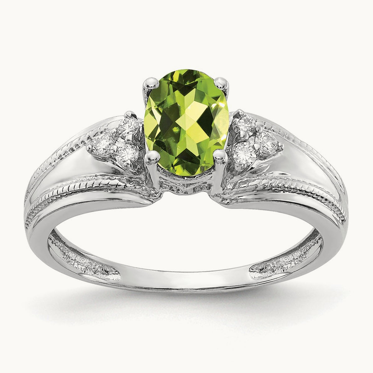 7x5mm Oval Peridot AA Diamond ring, 14K White Gold