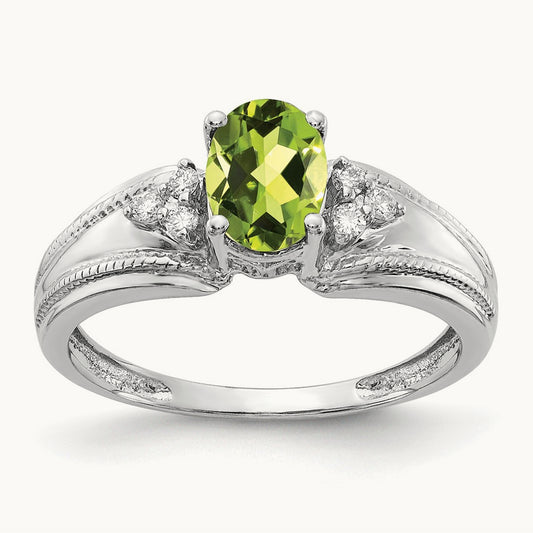7x5mm Oval Peridot AA Diamond ring, 14K White Gold