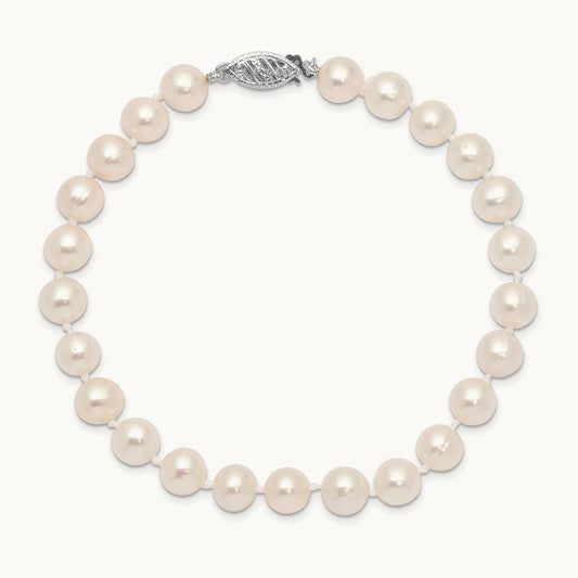 WG 6- White Near Round Freshwater Cultured Pearl Bracelet, 7mm, 14K