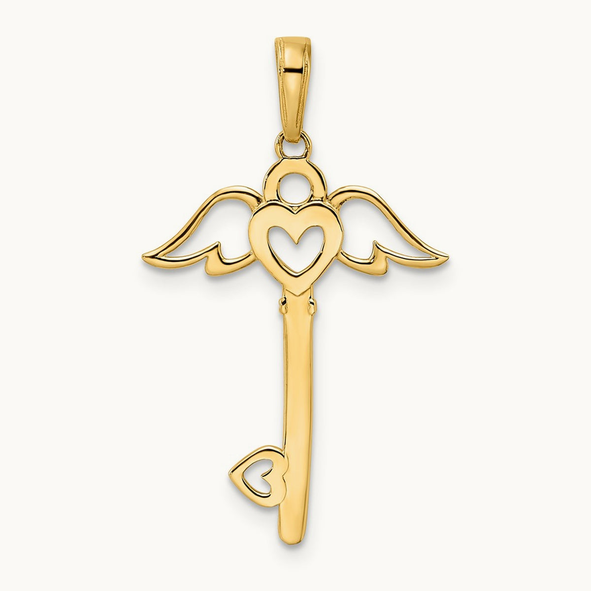 D/C Heart/ Angel Wings Key Pendant, 14K with White Rhodium