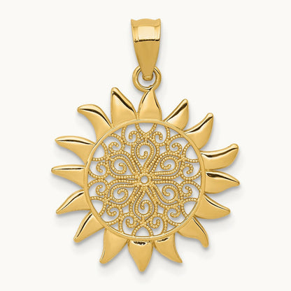 Polished Filigree Sun Pendant, 14K