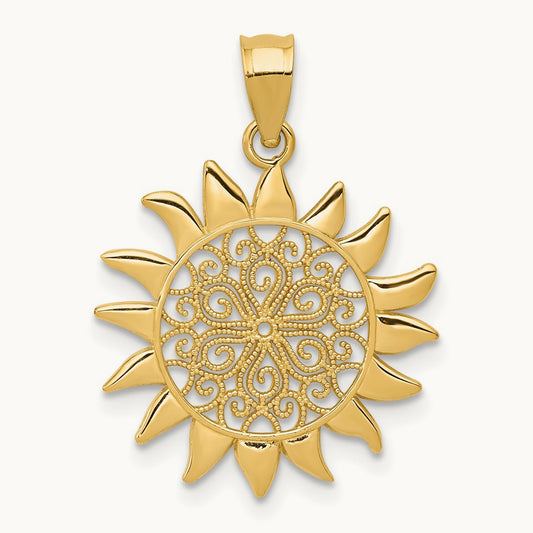 Polished Filigree Sun Pendant, 14K