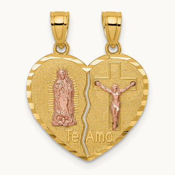 Reversible Lady of Guadalupe&Crucifix Breakapart Pendant, 14K Two-tone