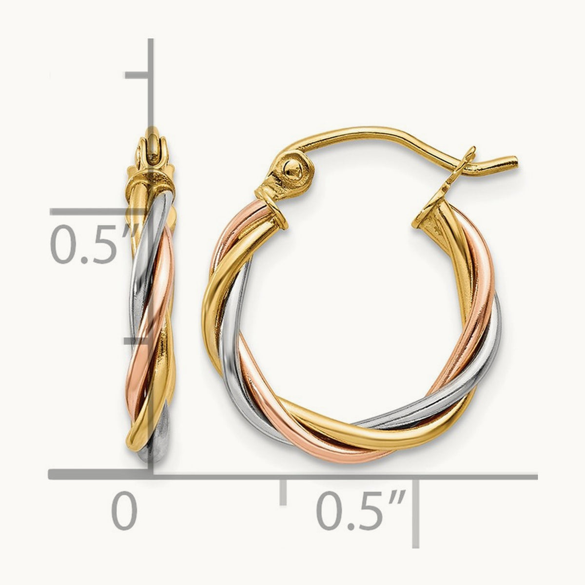 Tri-color Polished Twisted Hoop Earrings, 2.5mm, 14K