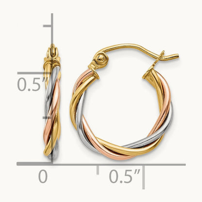 Tri-color Polished Twisted Hoop Earrings, 2.5mm, 14K