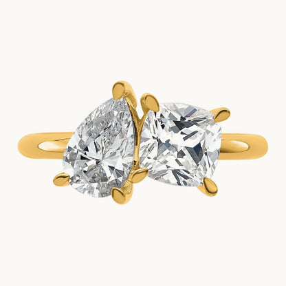 Cushion & Pear 2 Stone Engagement Ring, 2.00 ct tw Lab-Grown Diamond — 14K Yellow Gold