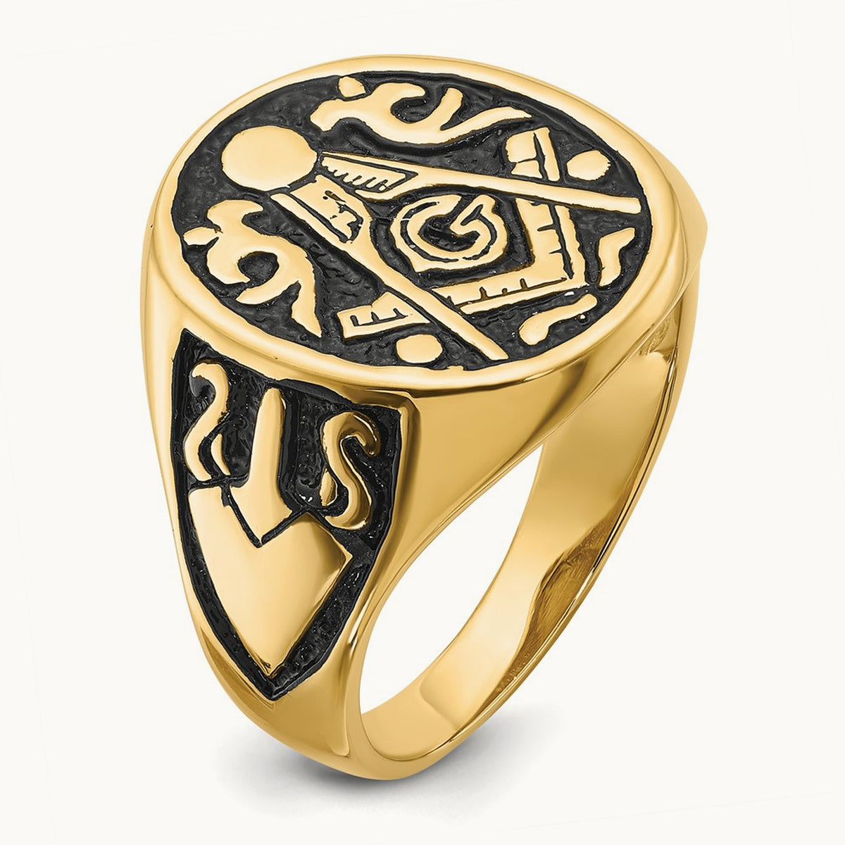 Men's Polished and Grooved with Black Enamel Masonic Ring, 14K