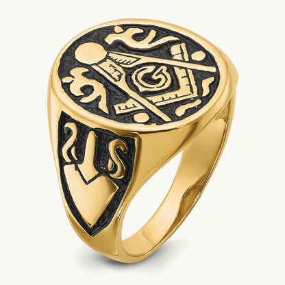 Men's Polished and Grooved with Black Enamel Masonic Ring, 14K