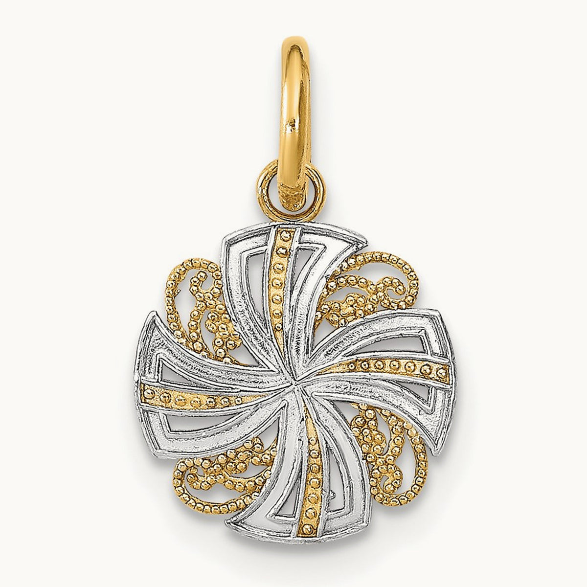 w/Rhodium and D/C Mini Pinwheel Medallion Charm, 14K
