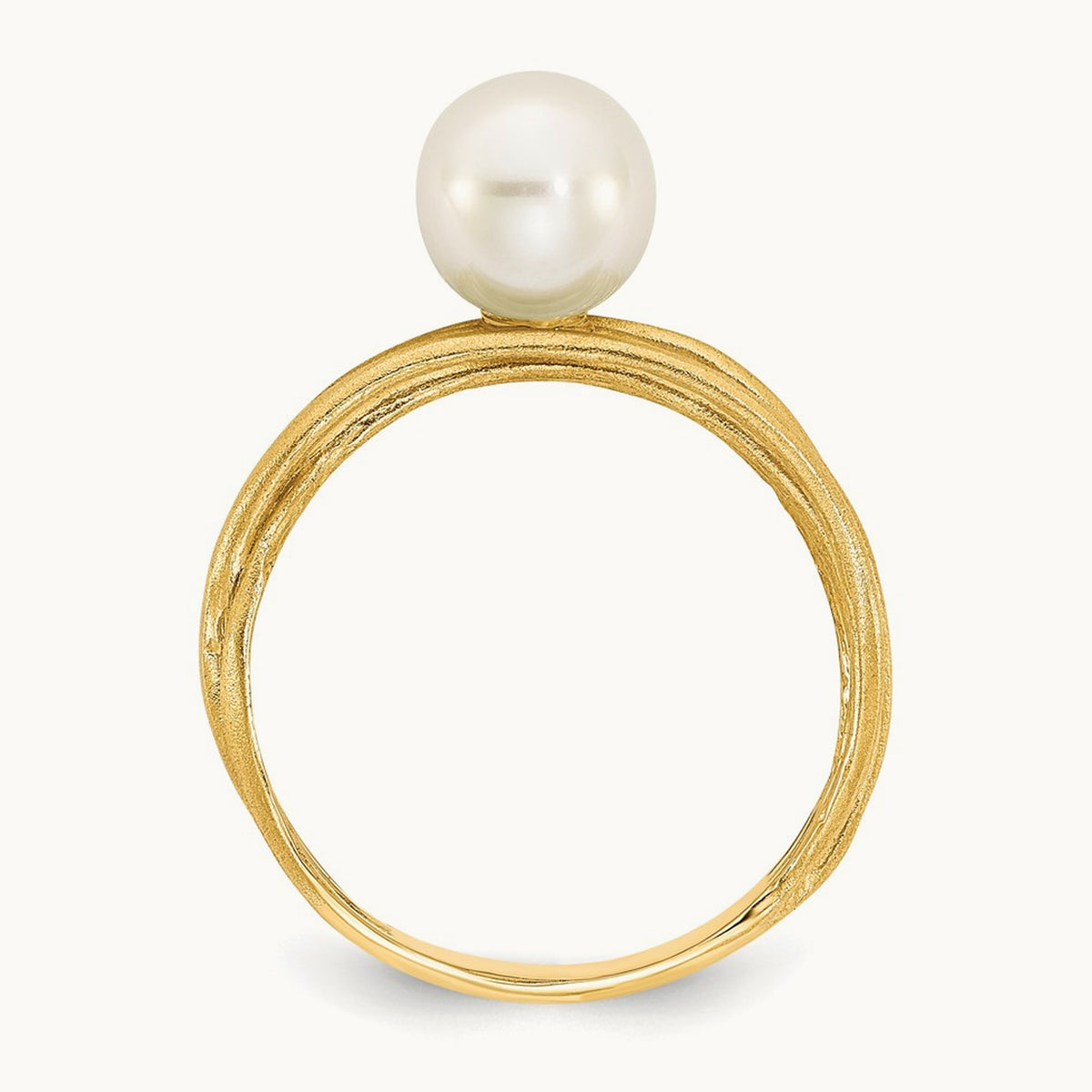7- Round White Freshwater Cultured Pearl Brushed Ring, 8mm, 14K