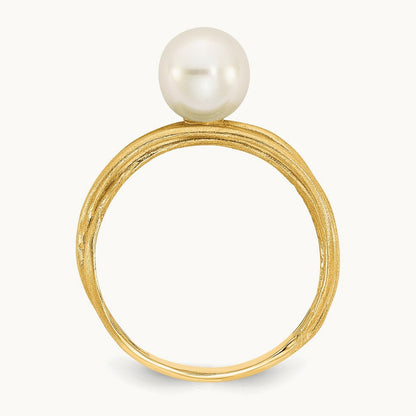 7- Round White Freshwater Cultured Pearl Brushed Ring, 8mm, 14K