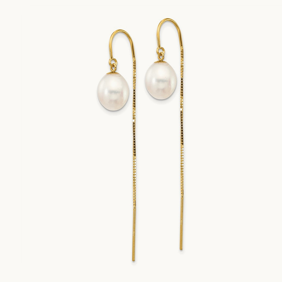 7- White Rice FW Cultured Pearl Box Chain Threader Earrings, 8mm, 14K