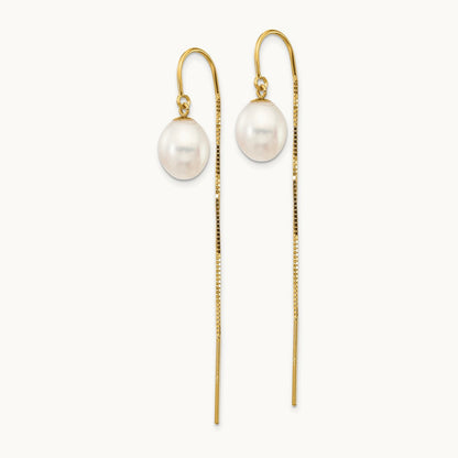7- White Rice FW Cultured Pearl Box Chain Threader Earrings, 14K