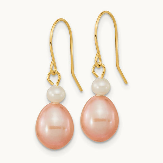 7- White/Pink Round/Rice FW Cultured Pearl Dangle Earrings, 8mm, 14K